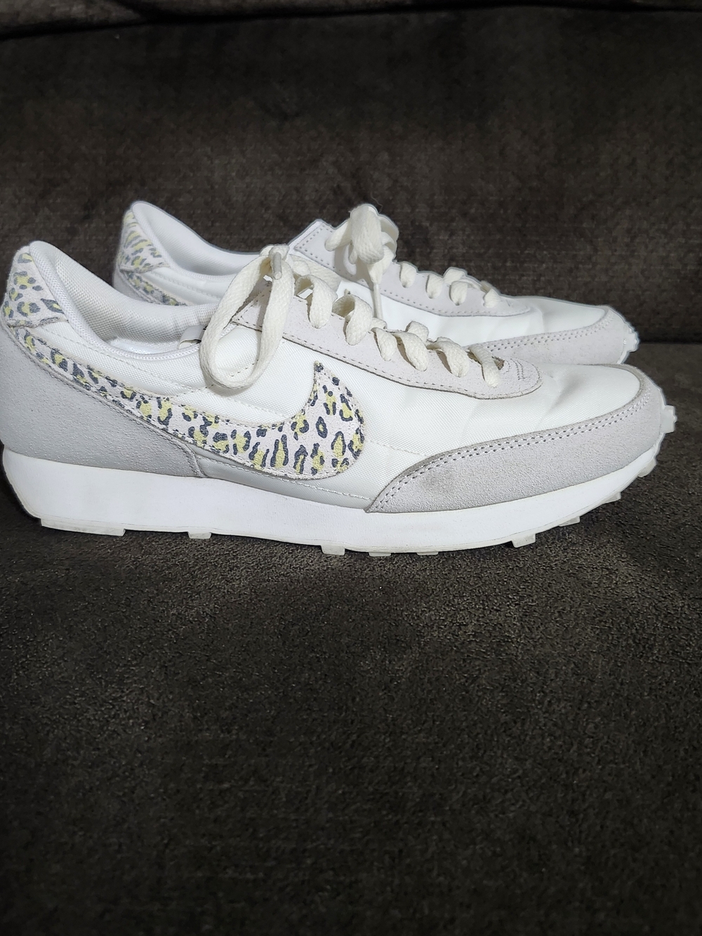 Nike Women’s White and Light Gray Sneakers with Leopard-Print Swoosh